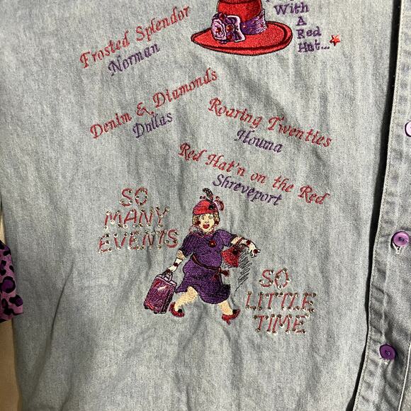 Color Works Red Hat Society Denim‎ Blouse Purple Leopard Print - Size XL - Picture 4 of 11